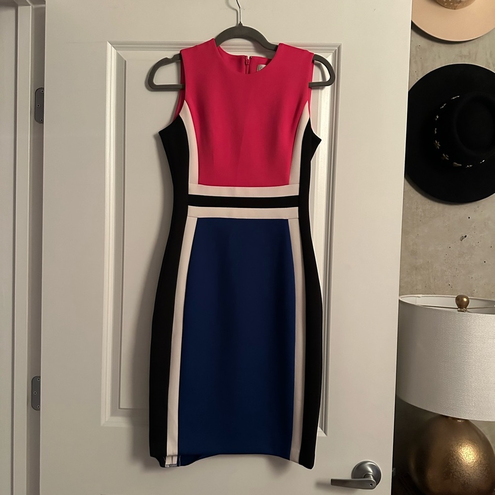 Calvin Klein Pink Blue Black Color-block Work Dress